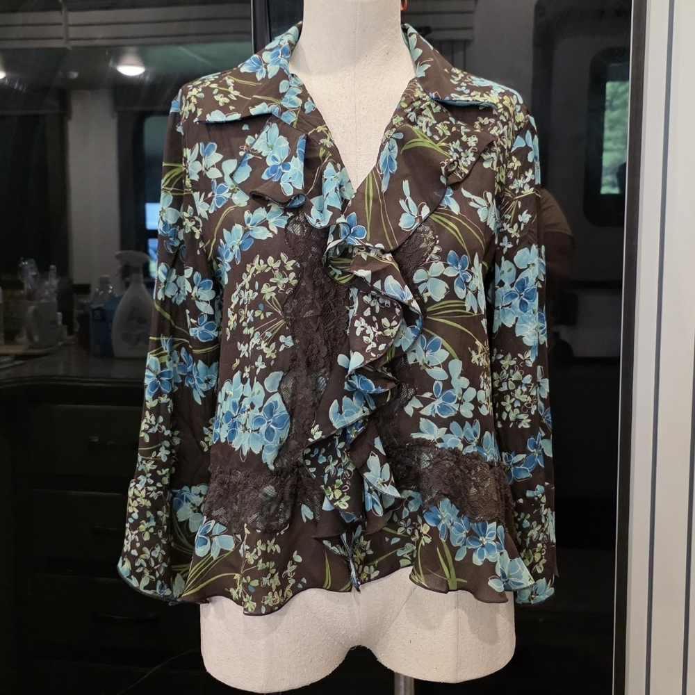 Allison Taylor Floral Ruffle Brown and Blue Women's Top - Picture 2 of 7